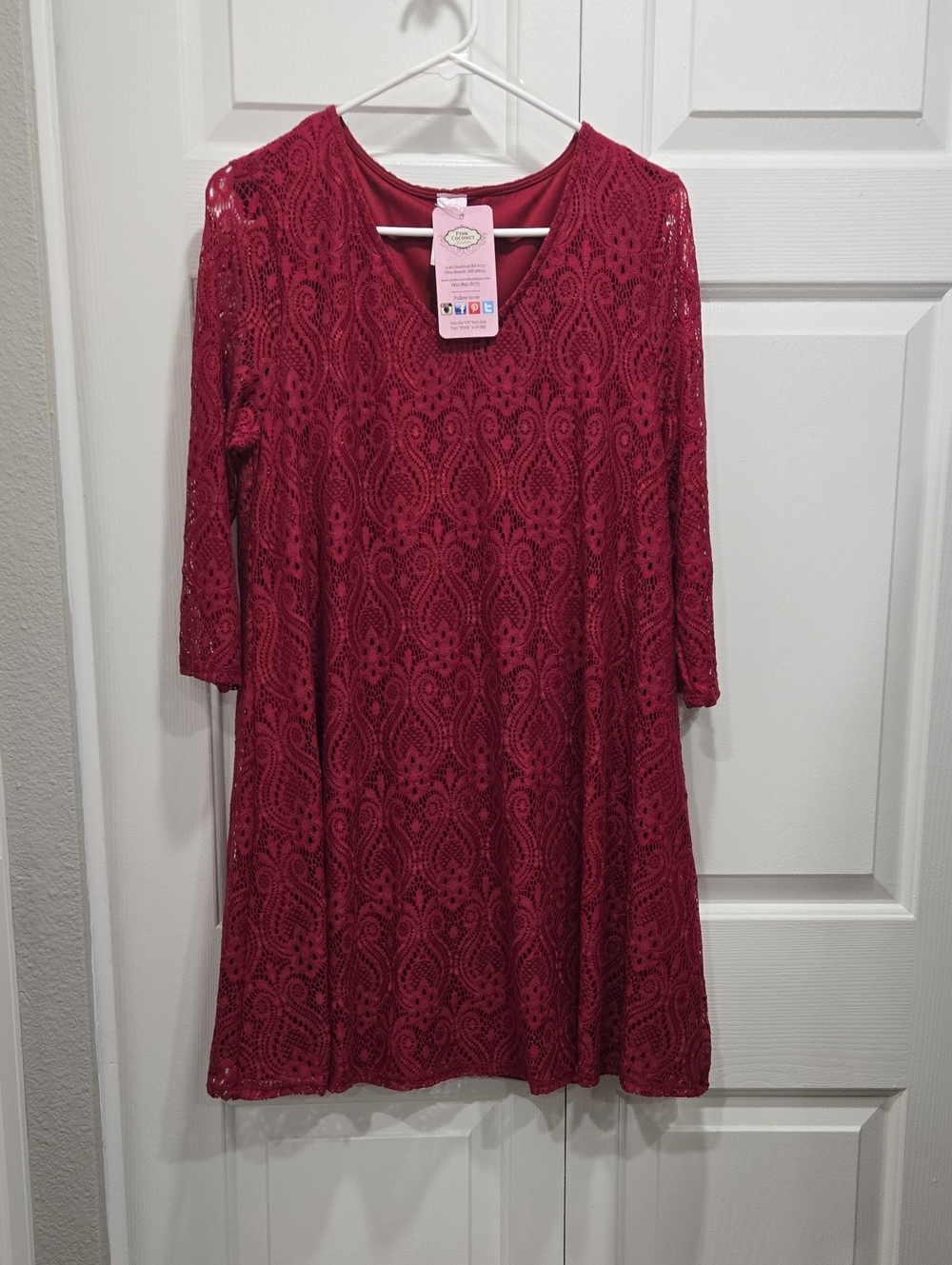 Pink Coconut Boutique "Irene" Wine Lace Dress with V-Neck